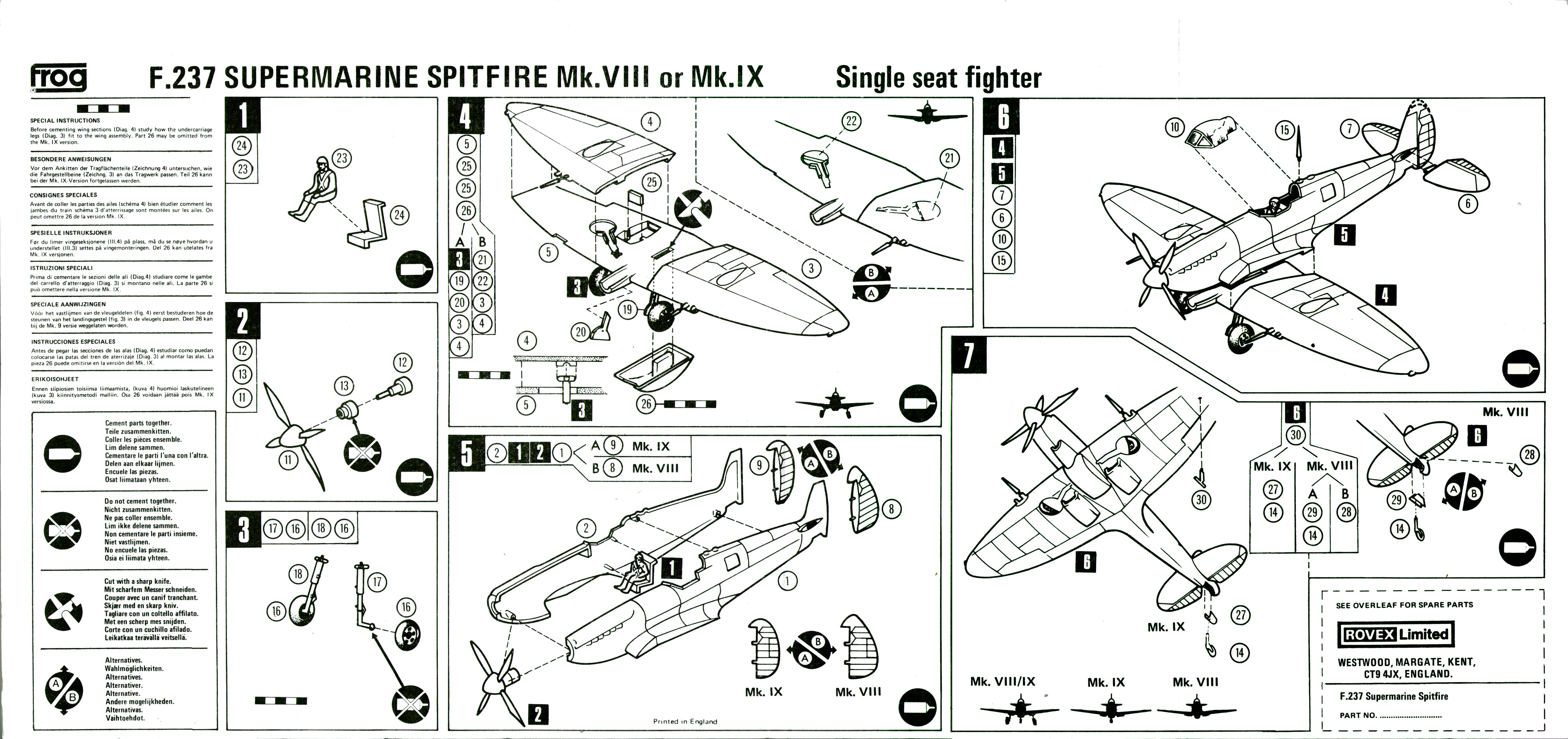 Инструкция по сборке FROG Blue Series F237 Supermarine Spitfire Mk.8/9, Rovex Models and Hobbies Ltd, 1974